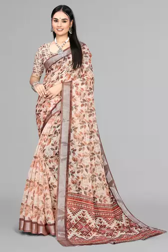 beige  linen  digital print saree (chicku)
