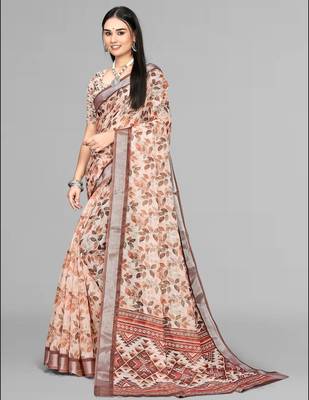 beige  linen  digital print saree (chicku) 4