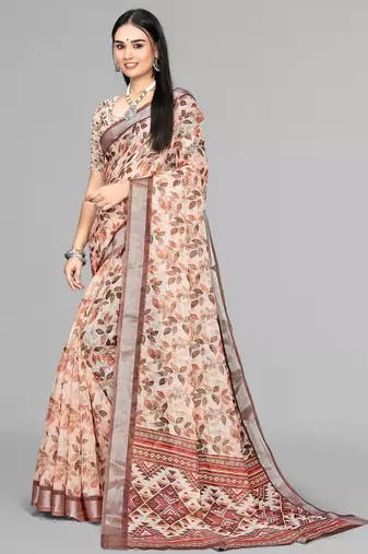 beige  linen  digital print saree (chicku)