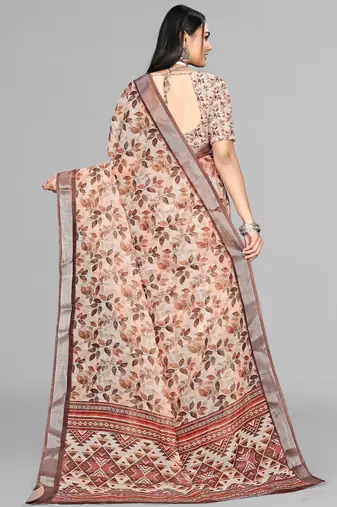 beige  linen  digital print saree (chicku)
