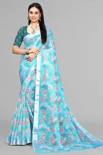 sky blue  linen cotton digital print saree (sky)