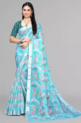 sky blue  linen cotton digital print saree (sky)