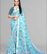 sky blue  linen cotton digital print saree (sky)