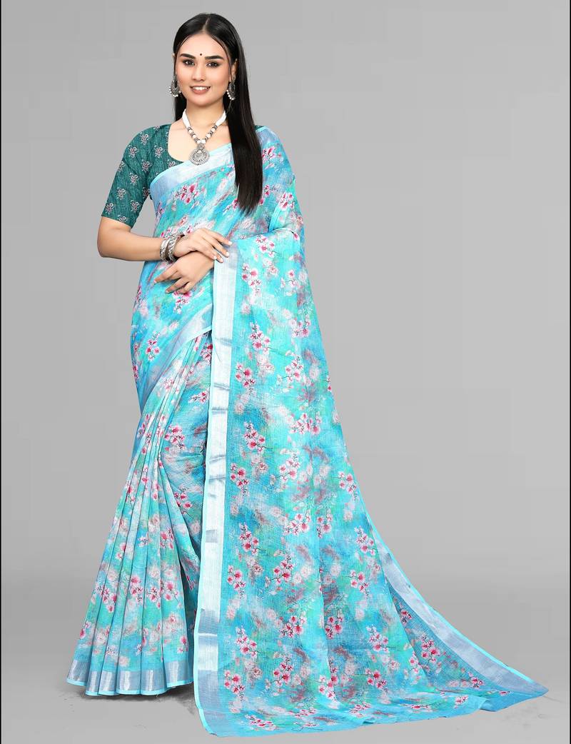 sky blue  linen cotton digital print saree (sky)