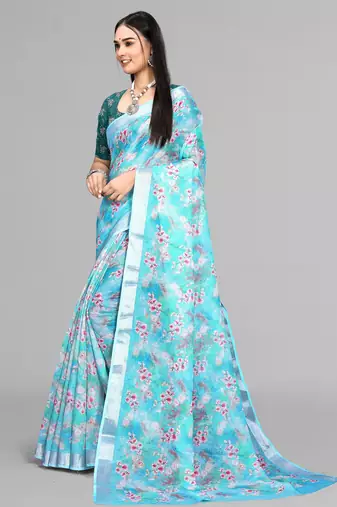 sky blue  linen cotton digital print saree (sky)