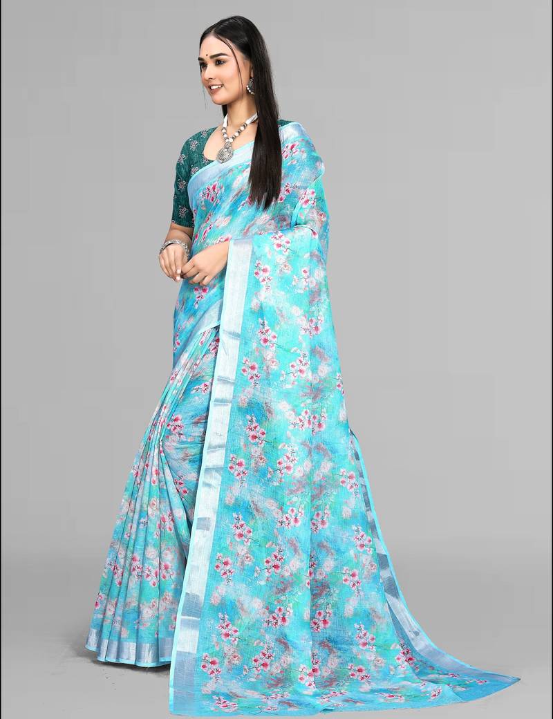 sky blue  linen cotton digital print saree (sky)