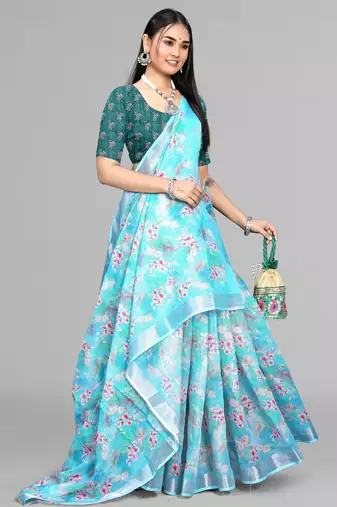 sky blue  linen cotton digital print saree (sky)