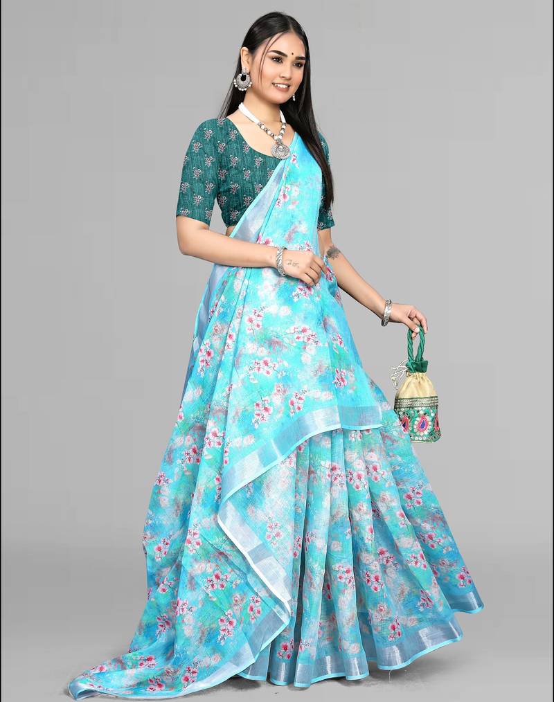 sky blue  linen cotton digital print saree (sky)