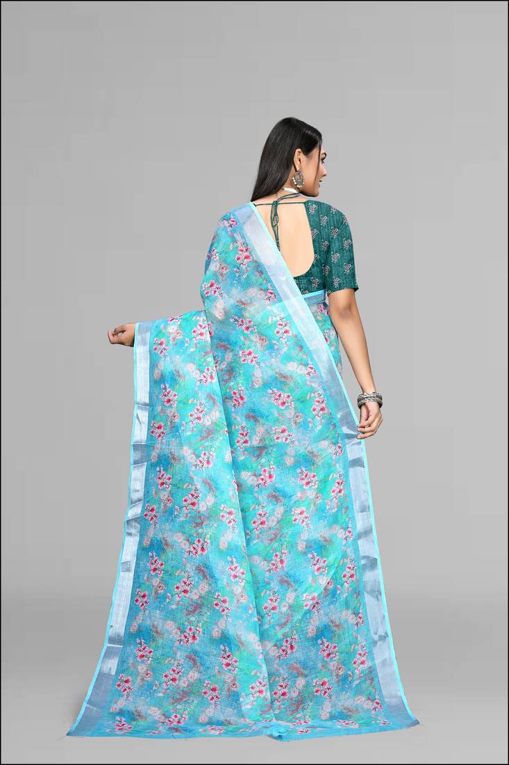 sky blue  linen cotton digital print saree (sky)