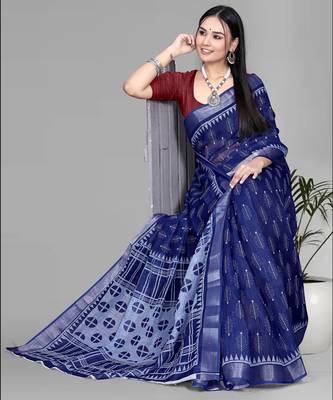 blue  linen digital print saree (navy blue) 1
