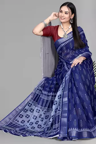 blue  linen digital print saree (navy blue)