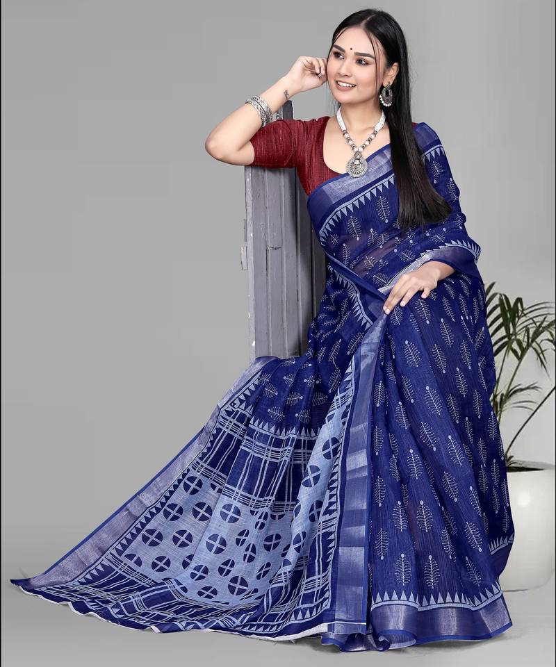 blue  linen digital print saree (navy blue)