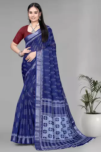 blue  linen digital print saree (navy blue)