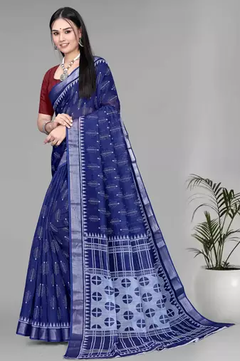 blue  linen digital print saree (navy blue)