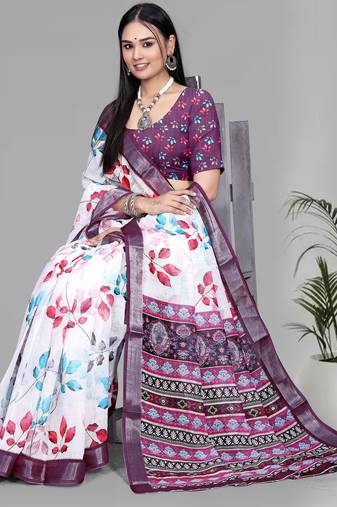 white  linen  digital print saree (multi)