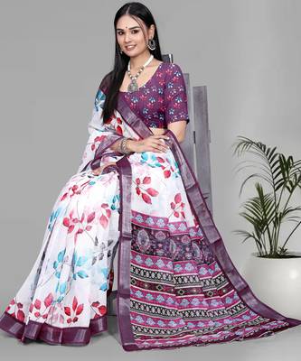 white  linen  digital print saree (multi) 2