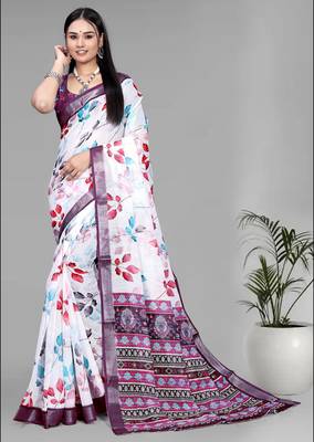 white  linen  digital print saree (multi) 3