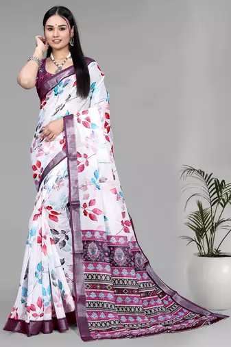white  linen  digital print saree (multi)