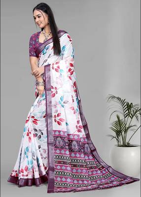 white  linen  digital print saree (multi) 4