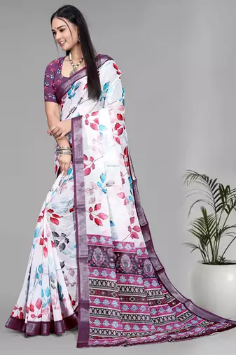 white  linen  digital print saree (multi)