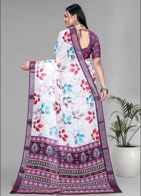 white  linen  digital print saree (multi) 5