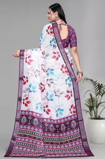 white  linen  digital print saree (multi)