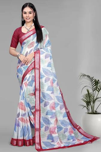 off white  linen  digital print saree (chicku)