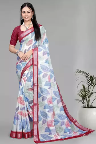 off white  linen  digital print saree (chicku)