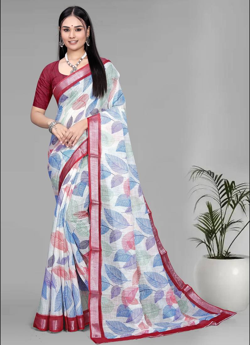 off white  linen  digital print saree (chicku)