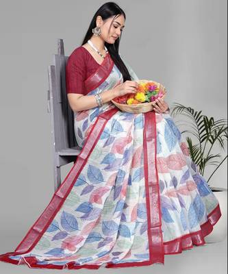 off white  linen  digital print saree (chicku) 3