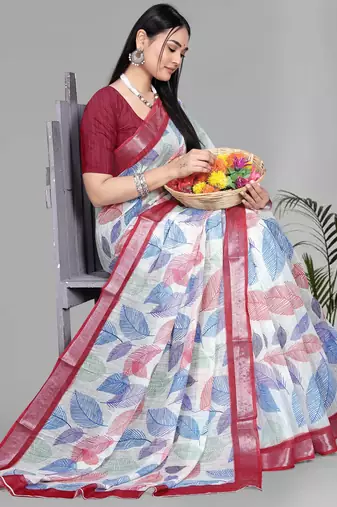 off white  linen  digital print saree (chicku)