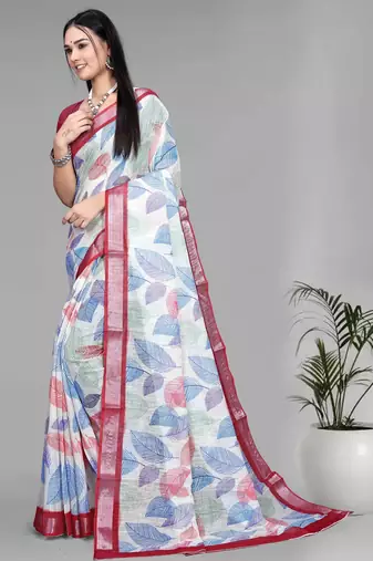 off white  linen  digital print saree (chicku)