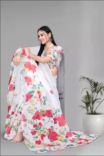 white  linen  digital print saree (white)
