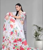 white  linen  digital print saree (white)