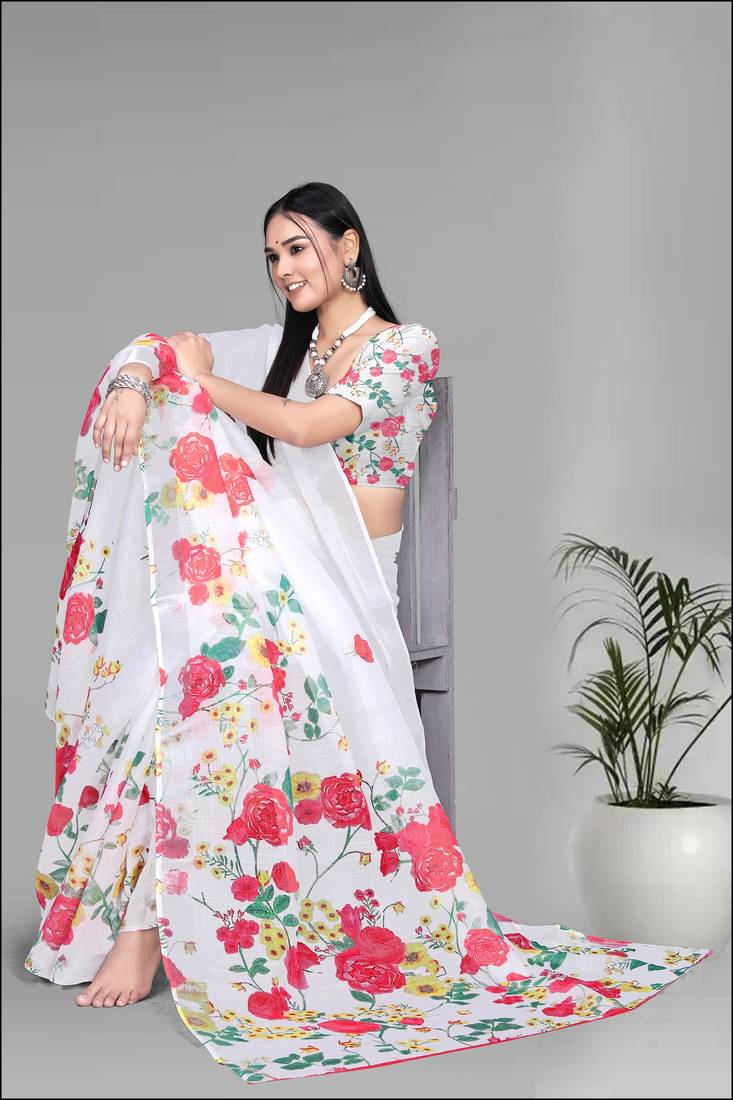 white  linen  digital print saree (white)