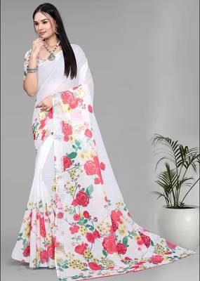 white  linen  digital print saree (white) 3