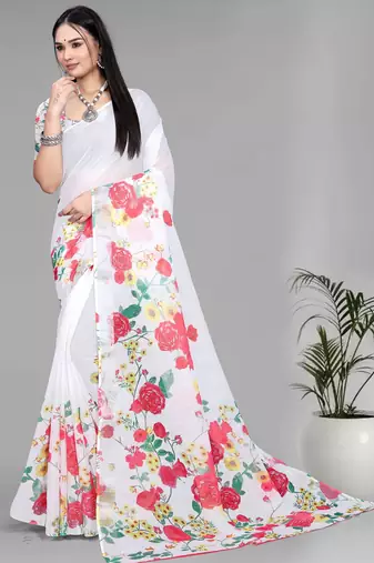 white  linen  digital print saree (white)