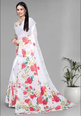 white  linen  digital print saree (white) 4
