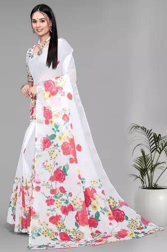 white  linen  digital print saree (white)