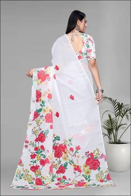 white  linen  digital print saree (white) 5