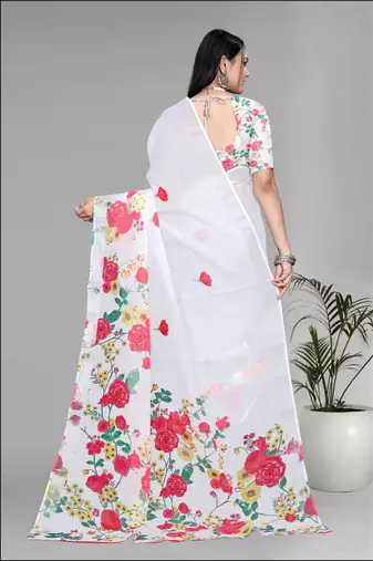 white  linen  digital print saree (white)