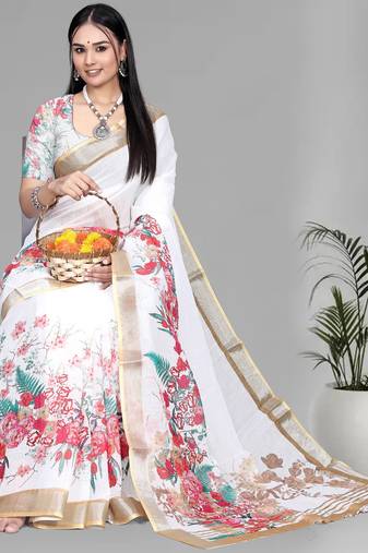 white  linen  digital print saree (white)