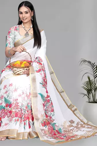 white  linen  digital print saree (white)