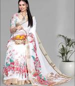 white  linen  digital print saree (white)