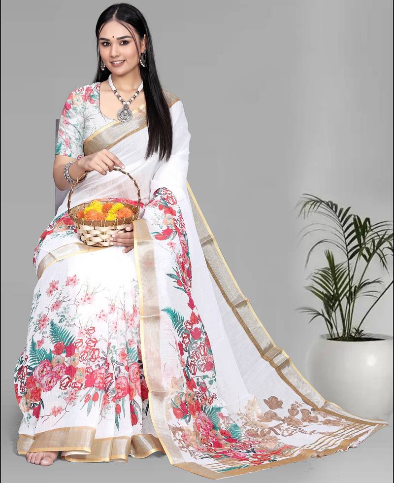 white  linen  digital print saree (white)