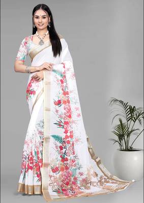 white  linen  digital print saree (white) 3