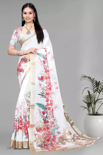 white  linen  digital print saree (white)