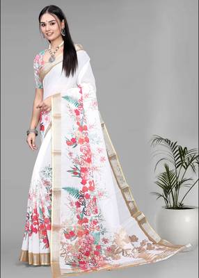 white  linen  digital print saree (white) 4
