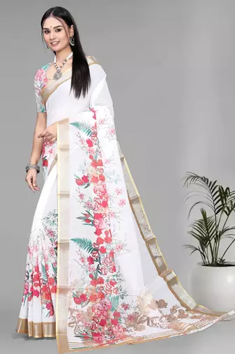 white  linen  digital print saree (white)