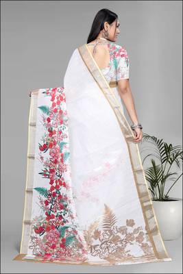 white  linen  digital print saree (white) 5